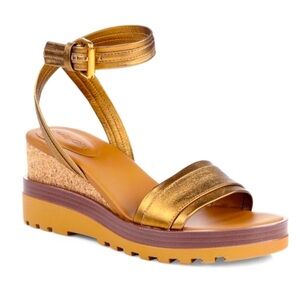 SEE BY CHLOE Robin Metallic Gold Leather Cork Platform Wedge Sandals, 6.5 - 7